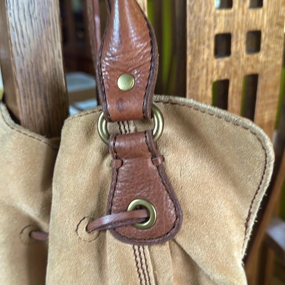 Tan Suede Bucket Bag with Brown Leather Accents - Picture 8 of 9